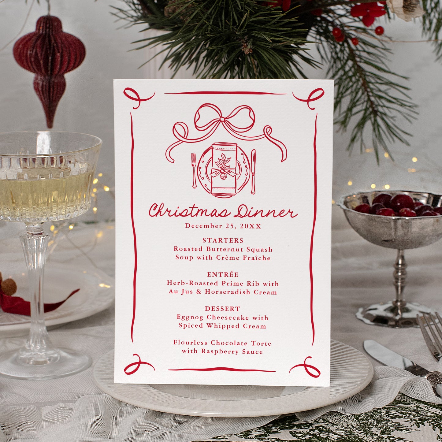 Whimsical Hand-Drawn Red Bow Christmas Dinner Menu | Corjl Template
