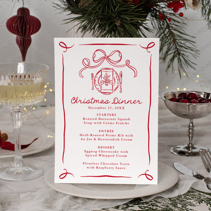 Whimsical Hand-Drawn Red Bow Christmas Dinner Menu | Corjl Template