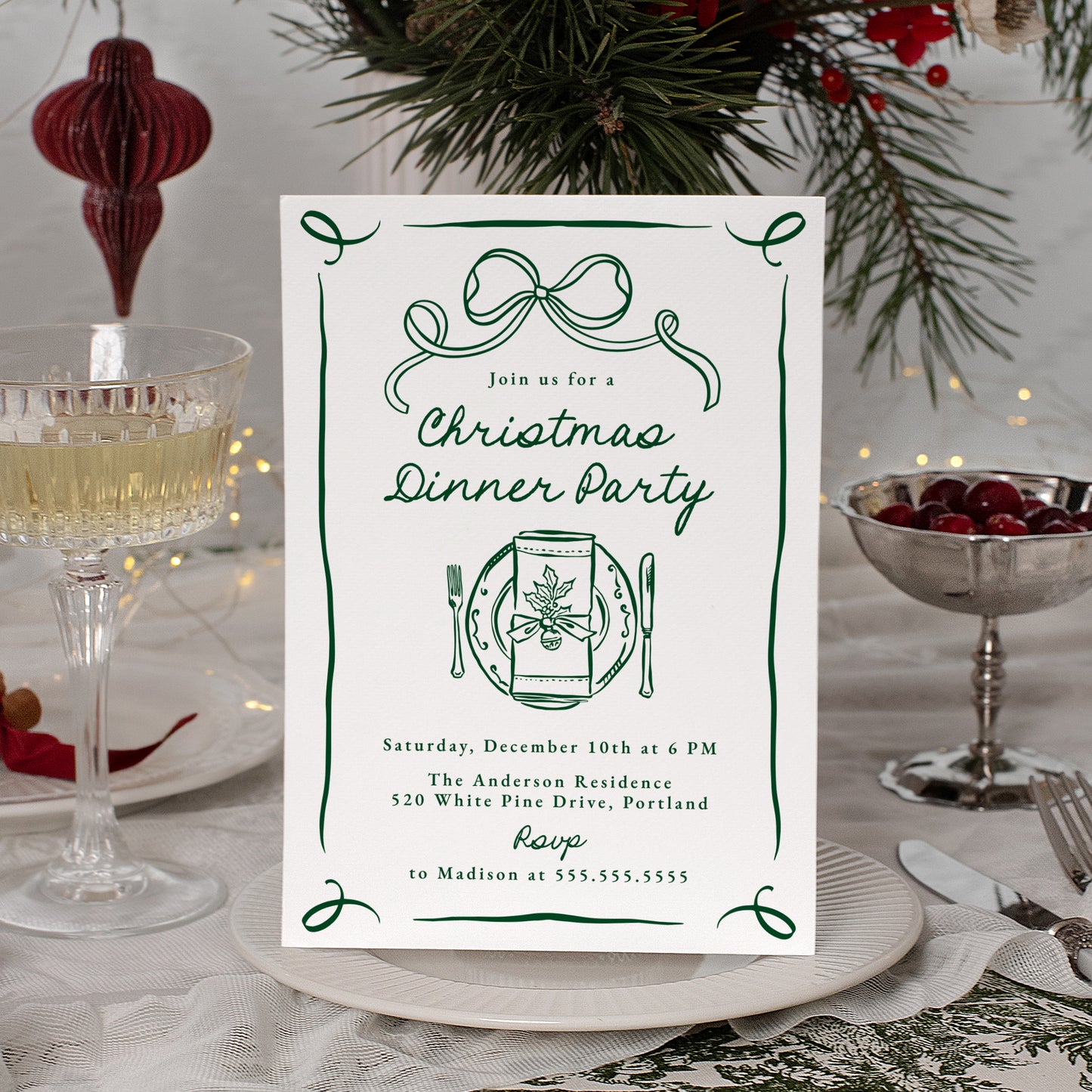 Whimsical Green Bow Christmas Dinner Party Invitation | Corjl Template