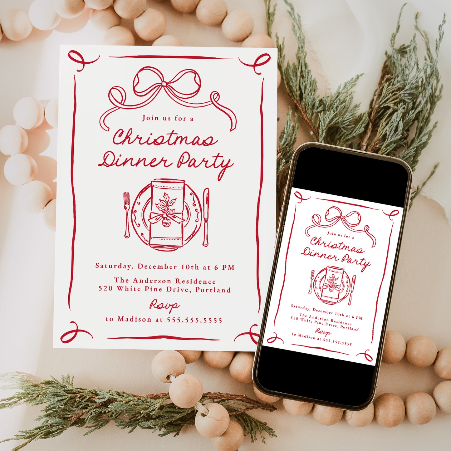 Whimsical Red Bow Christmas Dinner Party Invitation | Corjl Template