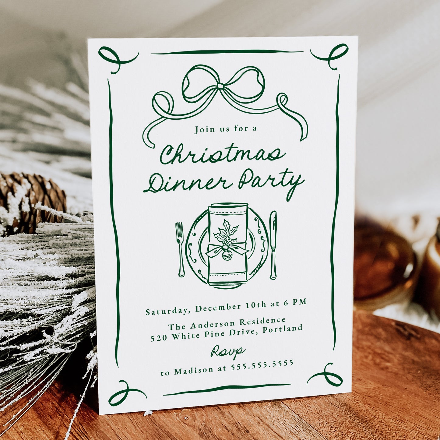 Whimsical Green Bow Christmas Dinner Party Invitation | Corjl Template