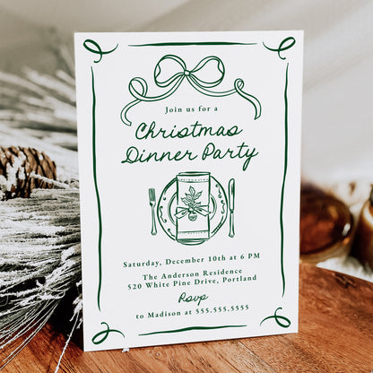 Whimsical Green Bow Christmas Dinner Party Invitation | Corjl Template