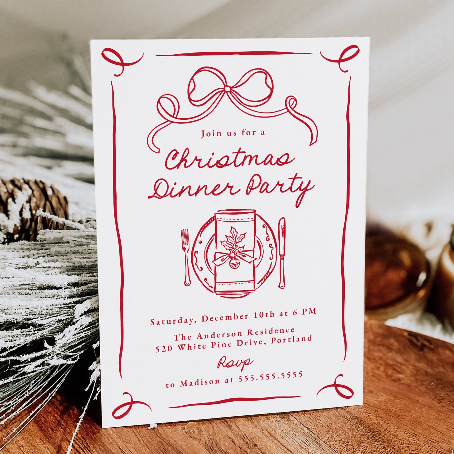 Whimsical Red Bow Christmas Dinner Party Invitation | Corjl Template