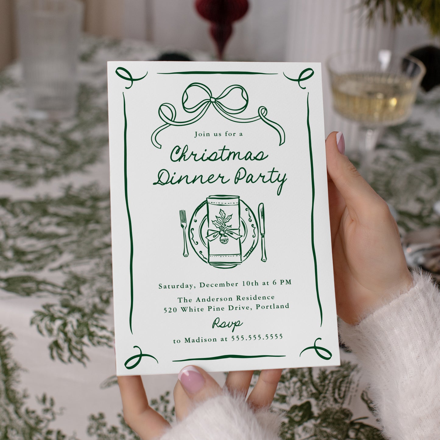 Whimsical Green Bow Christmas Dinner Party Invitation | Corjl Template