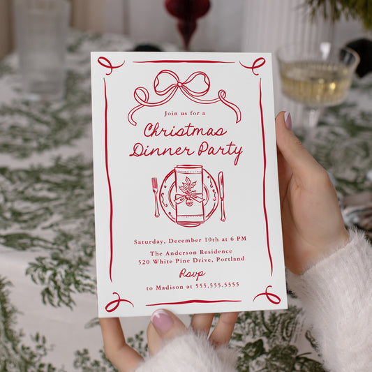 Whimsical Red Bow Christmas Dinner Party Invitation | Corjl Template