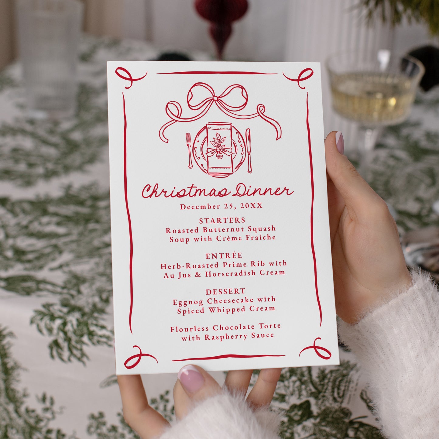 Whimsical Hand-Drawn Red Bow Christmas Dinner Menu | Corjl Template
