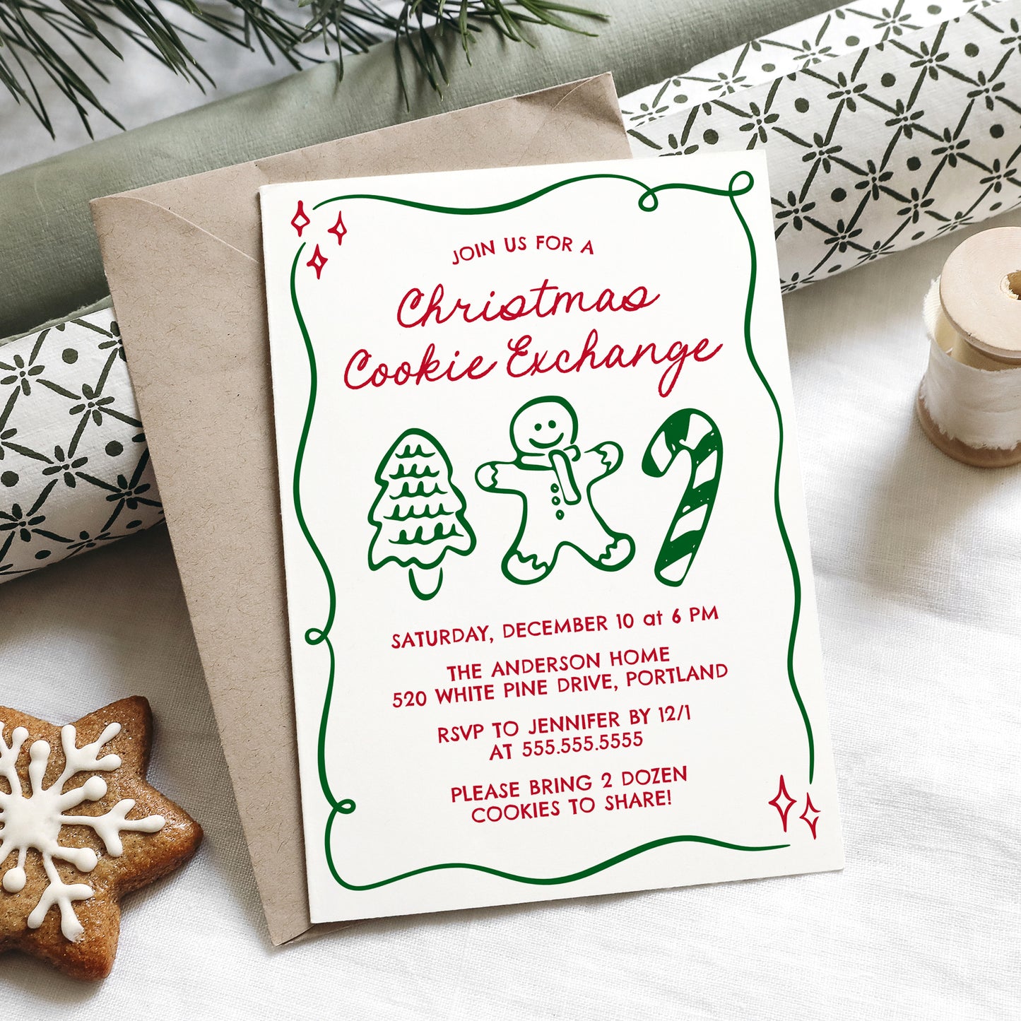 Whimsical Hand-Drawn Christmas Cookie Exchange Invitation | Corjl Template