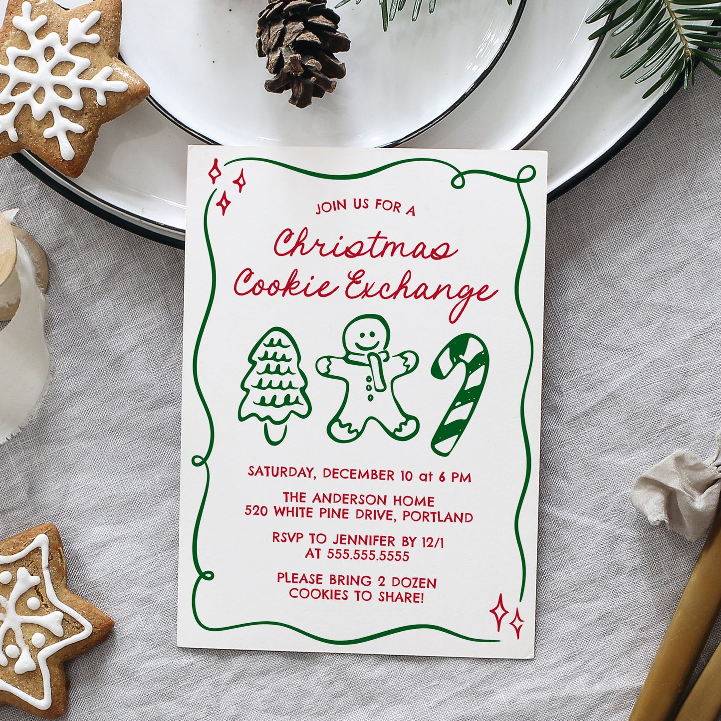 Whimsical Hand-Drawn Christmas Cookie Exchange Invitation | Corjl Template