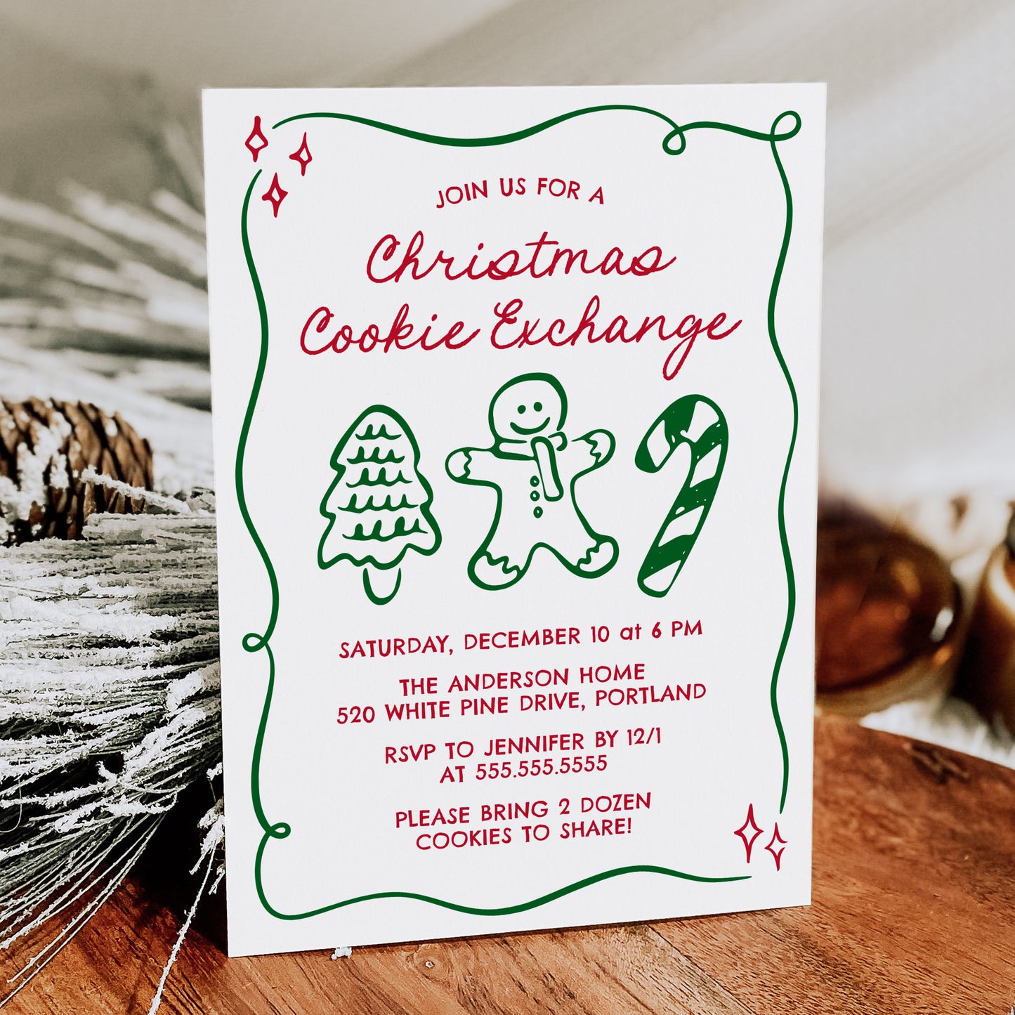 Whimsical Hand-Drawn Christmas Cookie Exchange Invitation | Corjl Template