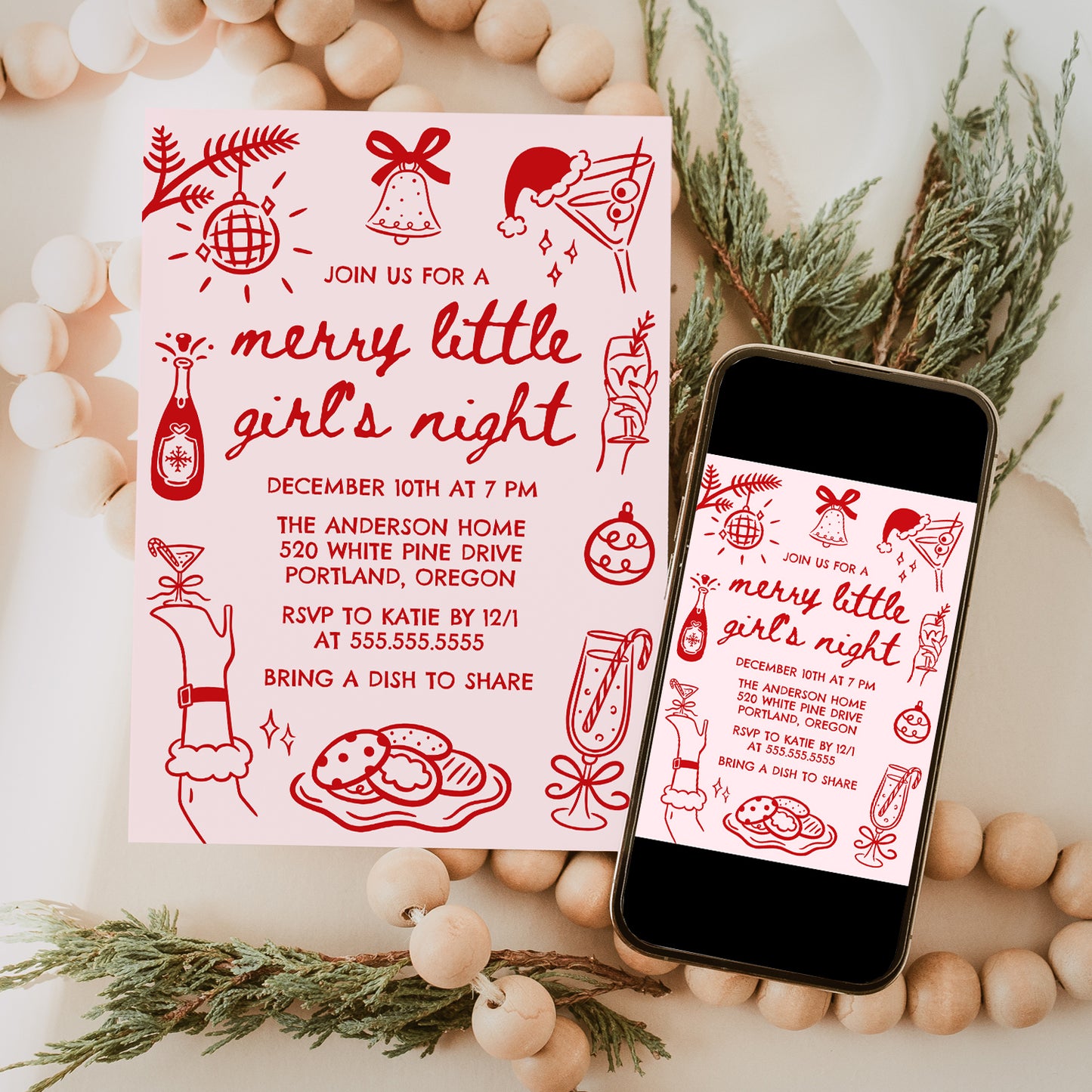 Whimsical Merry Little Girl's Night Christmas Party Invitation in Pink and Red | Corjl Template