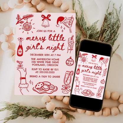 Whimsical Merry Little Girl's Night Christmas Party Invitation in Pink and Red | Corjl Template