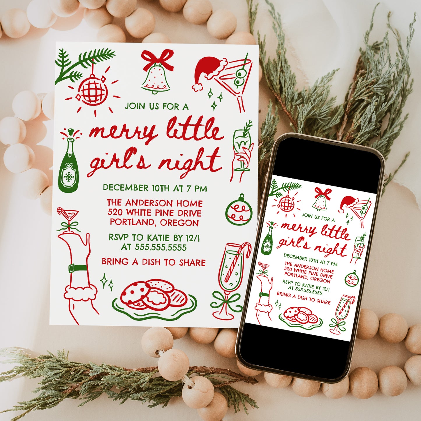 Whimsical Merry Little Girl's Night Christmas Invitation in Red and Green | Corjl Template