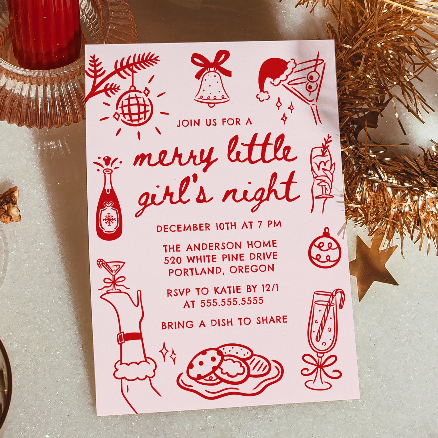 Whimsical Merry Little Girl's Night Christmas Party Invitation in Pink and Red | Corjl Template