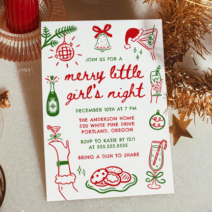 Whimsical Merry Little Girl's Night Christmas Invitation in Red and Green | Corjl Template