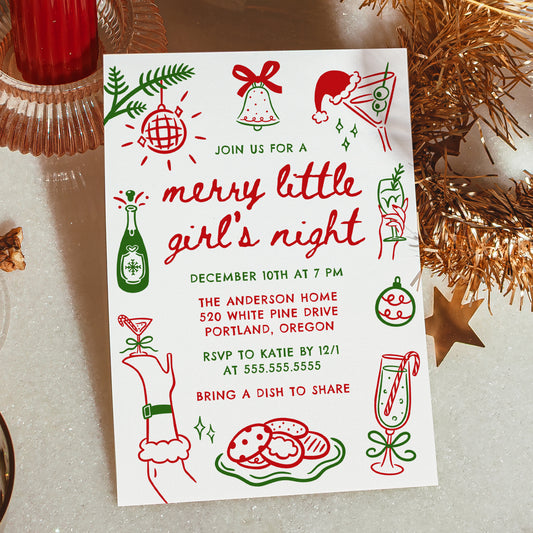 Whimsical Merry Little Girl's Night Christmas Invitation in Red and Green | Corjl Template