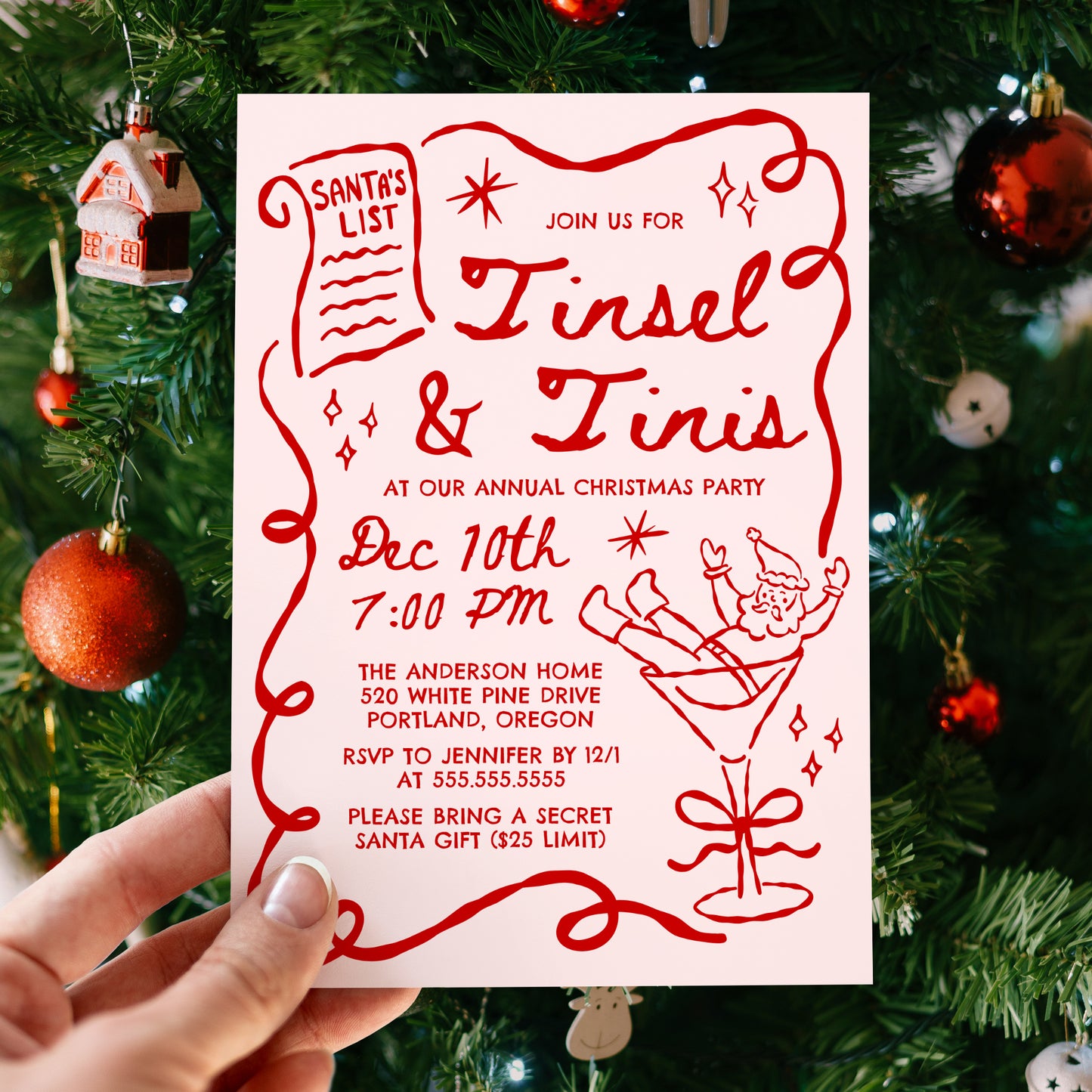 Whimsical Tinsel and Tinis Christmas Party Invitation in Pink and Red | Corjl Template