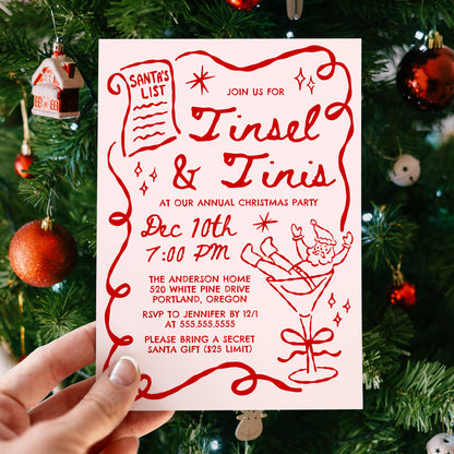Whimsical Tinsel and Tinis Christmas Party Invitation in Pink and Red | Corjl Template