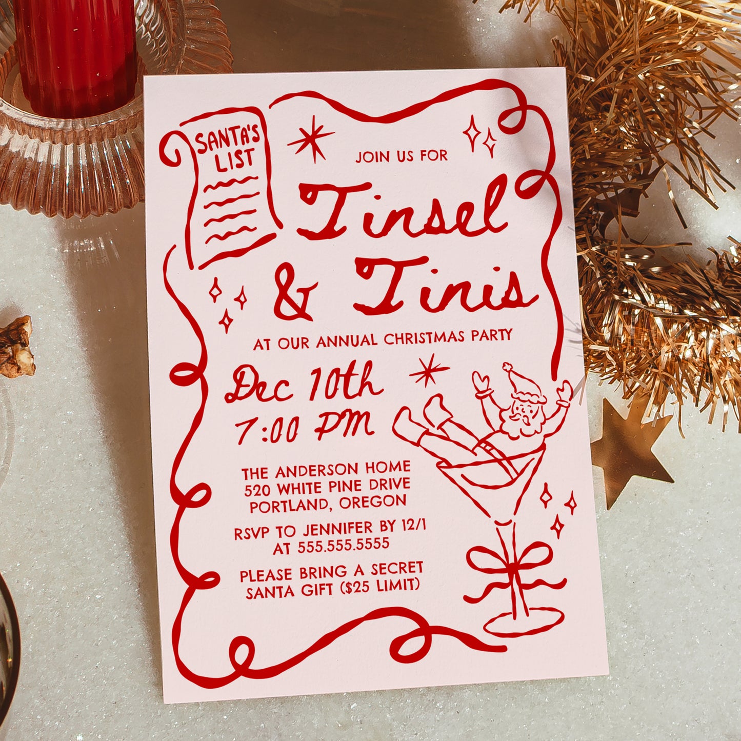 Whimsical Tinsel and Tinis Christmas Party Invitation in Pink and Red | Corjl Template
