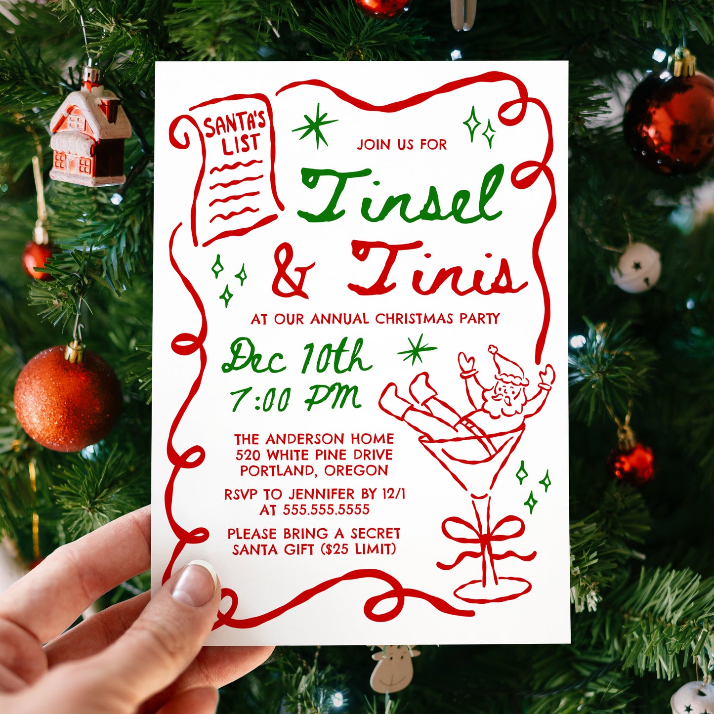 Whimsical Tinsel and Tinis Christmas Party Invitation in Red and Green | Corjl Template