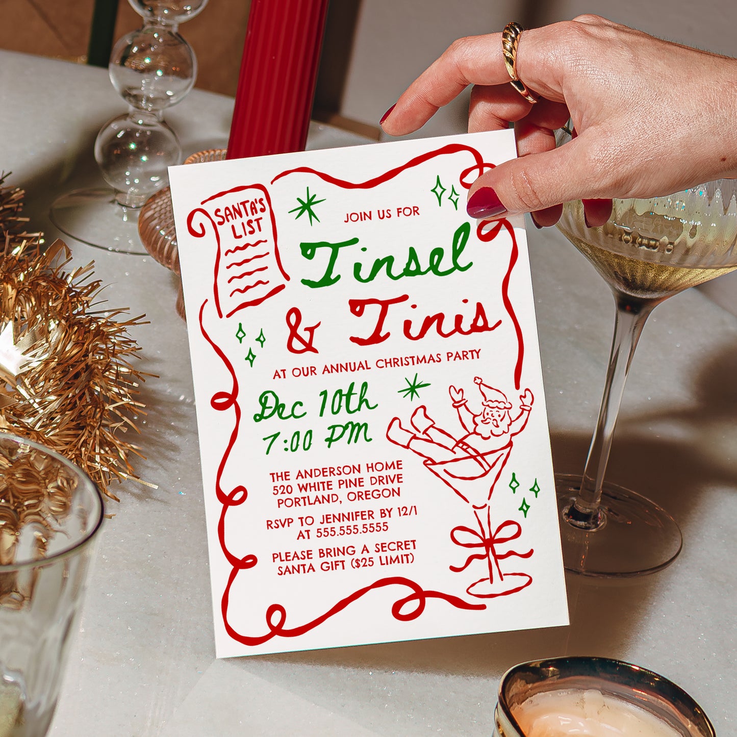 Whimsical Tinsel and Tinis Christmas Party Invitation in Red and Green | Corjl Template