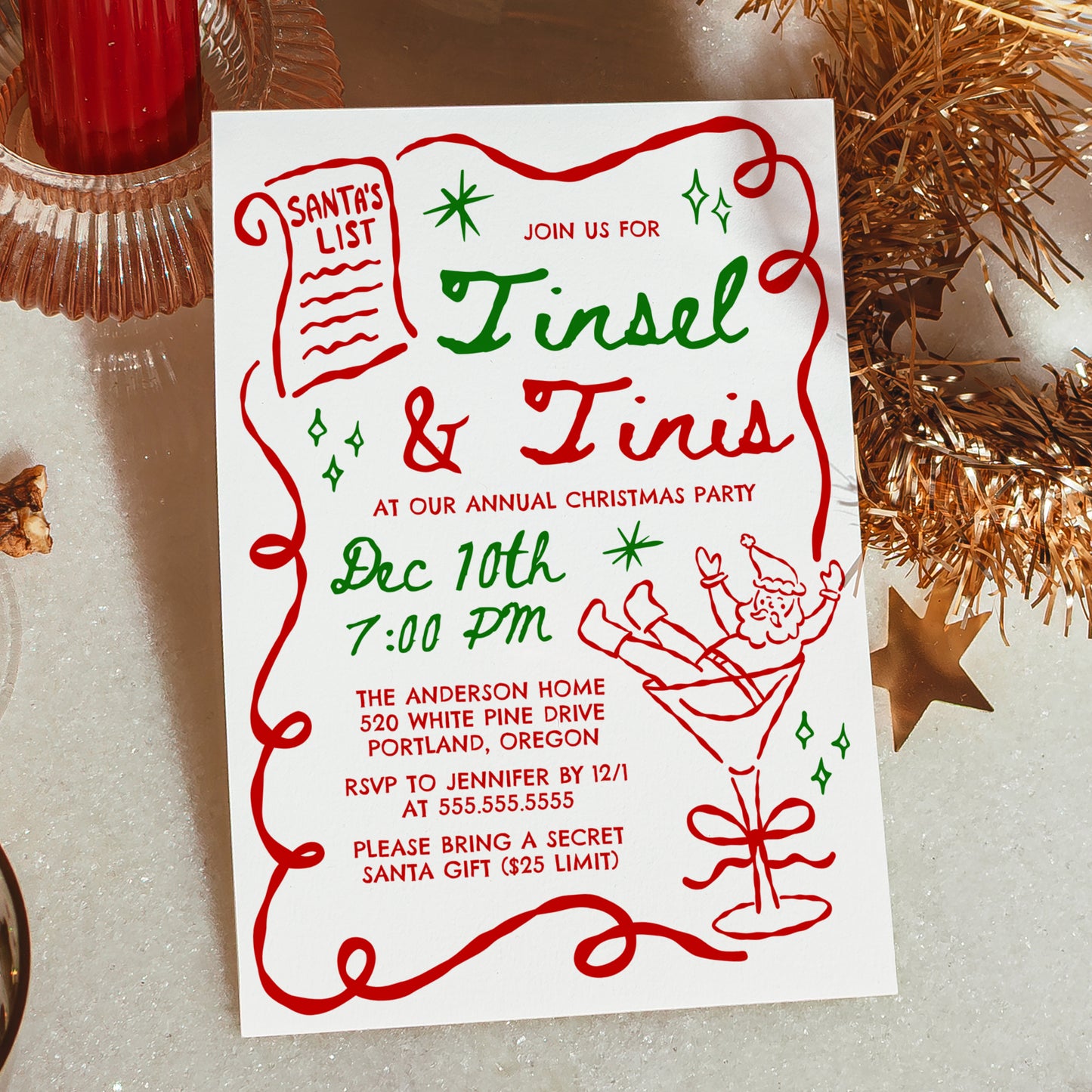 Whimsical Tinsel and Tinis Christmas Party Invitation in Red and Green | Corjl Template