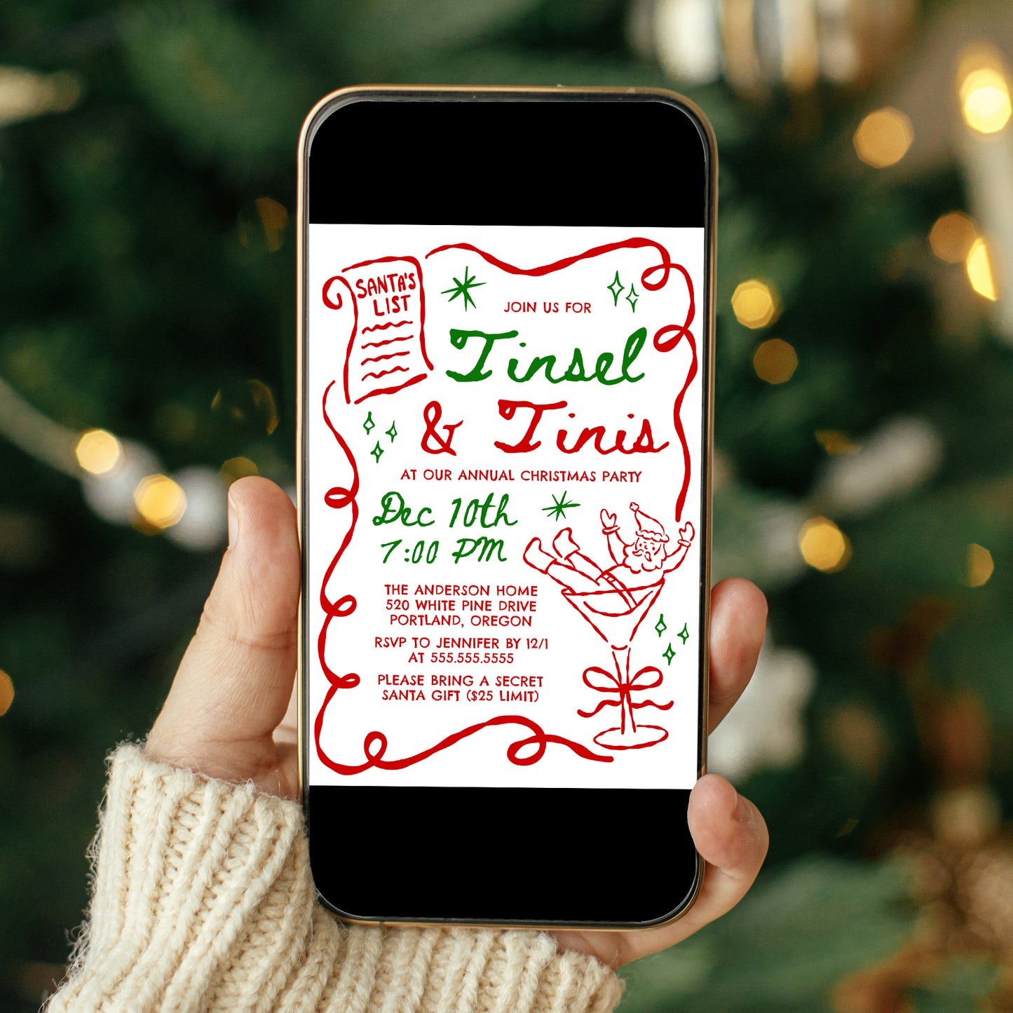 Whimsical Tinsel and Tinis Christmas Party Invitation in Red and Green | Corjl Template