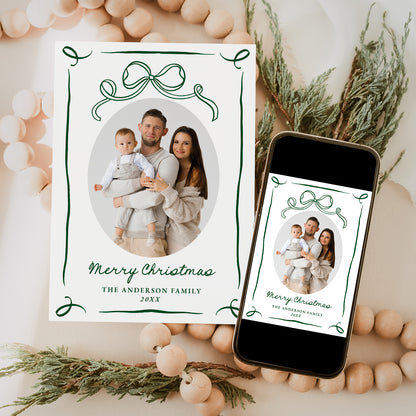 Whimsical Hand-Drawn Green Bow 2 Photo Holiday Card | Corjl Template