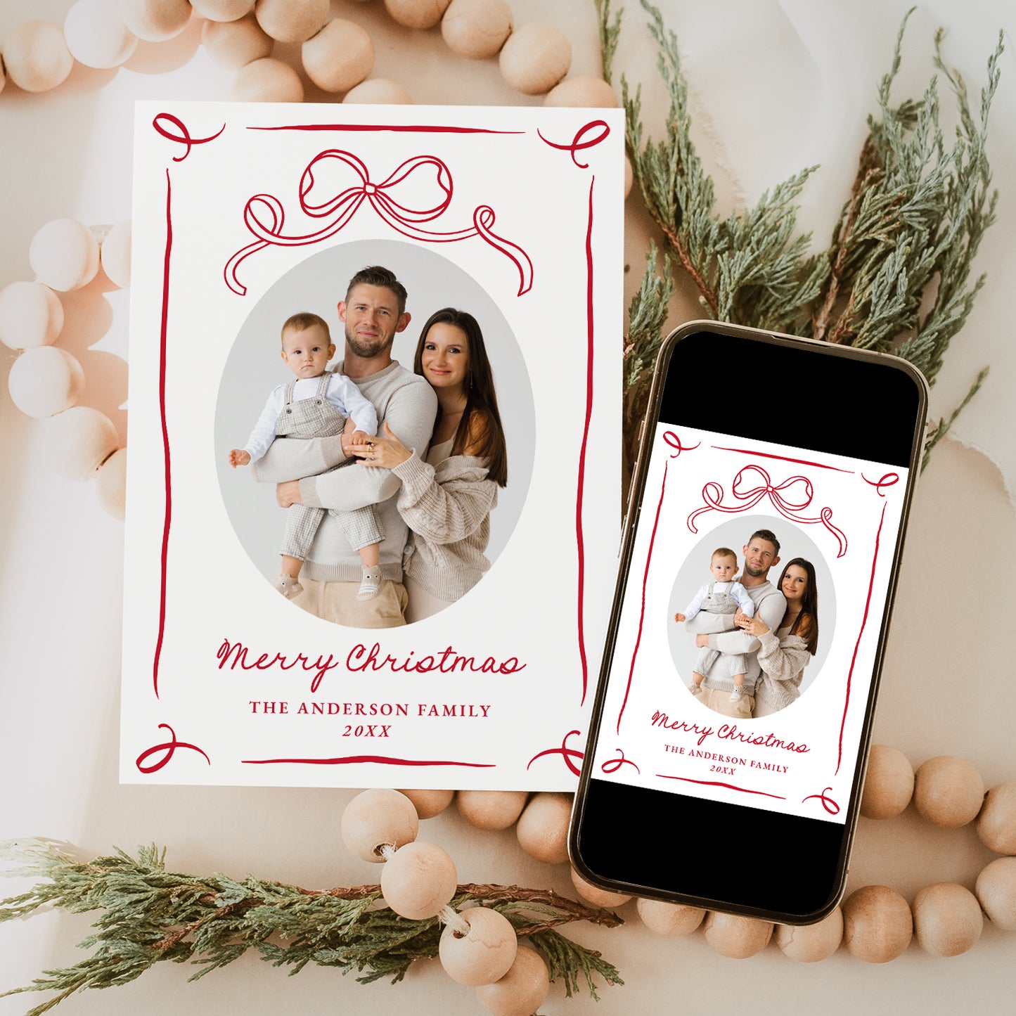 Whimsical Hand-Drawn Red Bow Christmas 2 Photo Holiday Card | Corjl Template