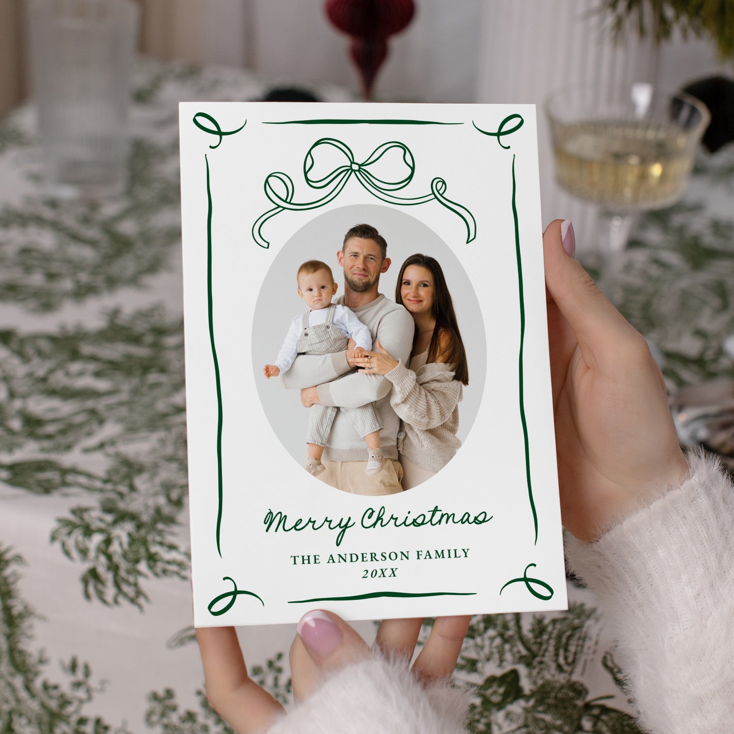 Whimsical Hand-Drawn Green Bow 2 Photo Holiday Card | Corjl Template