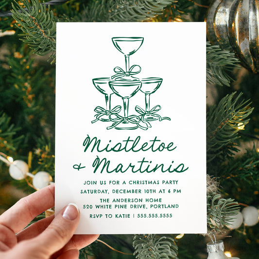Elegant Mistletoe and Martinis Green Christmas Party Invitation | Corjl Template
