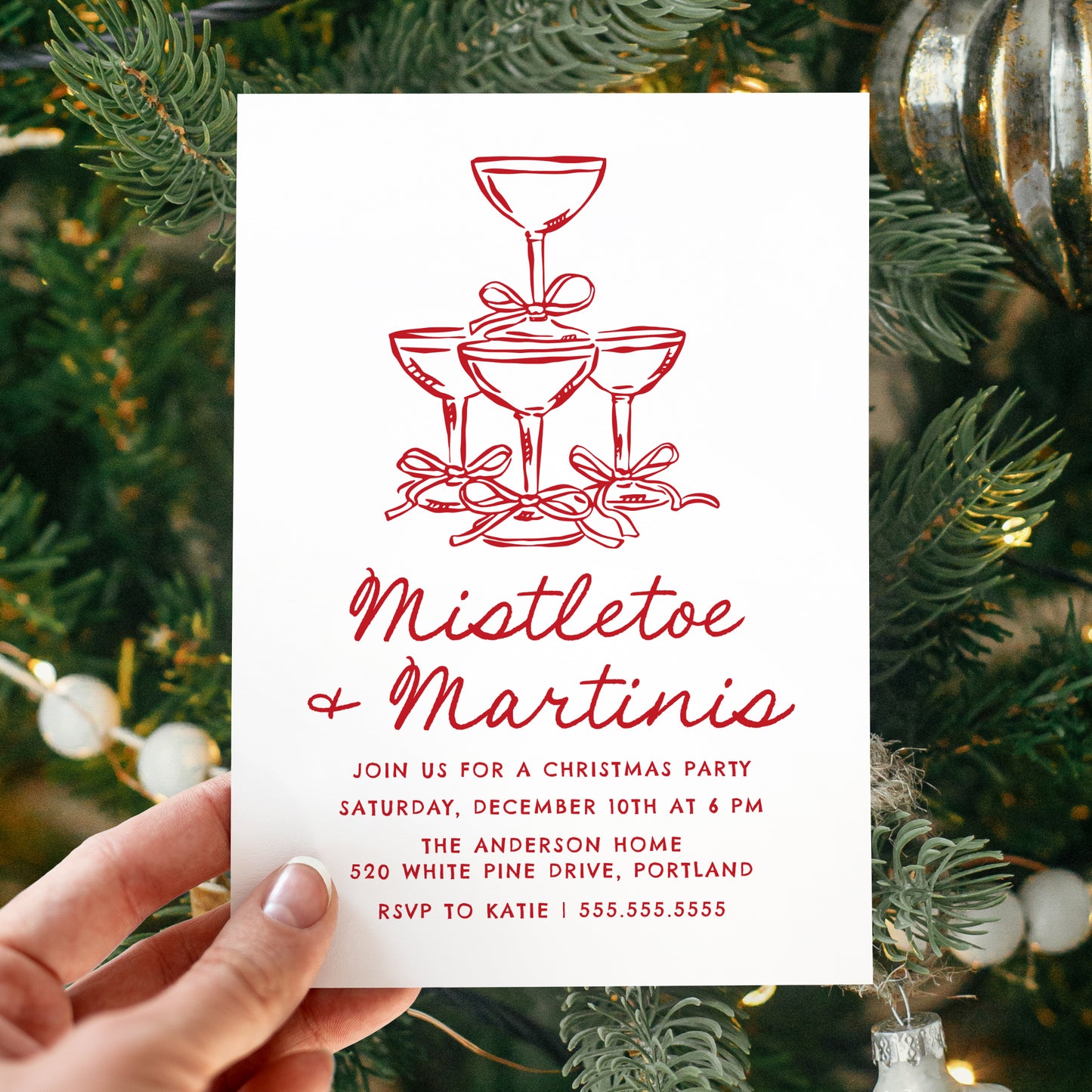 Elegant Mistletoe and Martinis Red Christmas Party Invitation | Corjl Template
