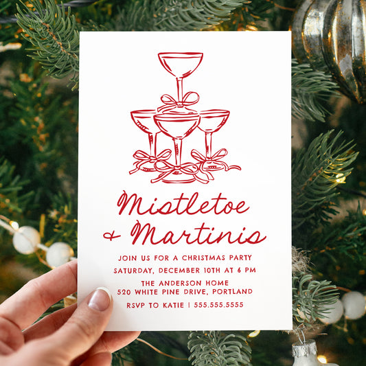 Elegant Mistletoe and Martinis Red Christmas Party Invitation | Corjl Template