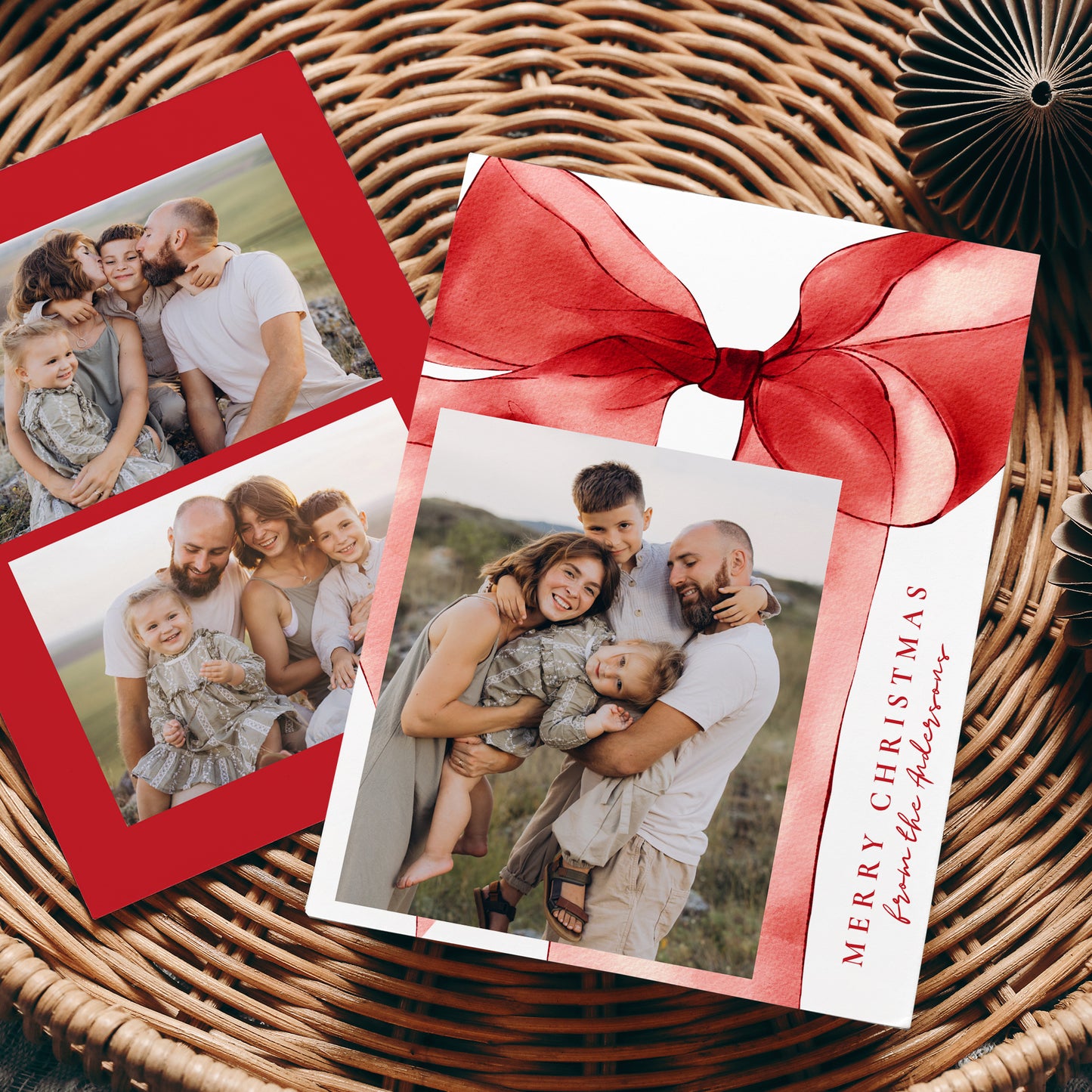 Elegant Red Watercolor Bow 3 Photo Holiday Card | Canva Template