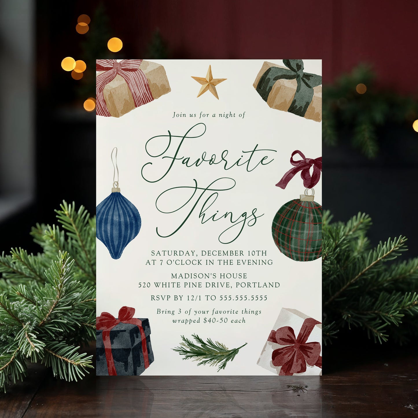 Elegant Watercolor Favorite Things Christmas Party Invitation | Corjl Template
