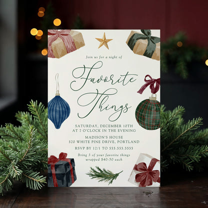 Elegant Watercolor Favorite Things Christmas Party Invitation | Corjl Template