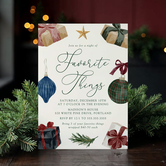 Elegant Watercolor Favorite Things Christmas Party Invitation | Corjl Template