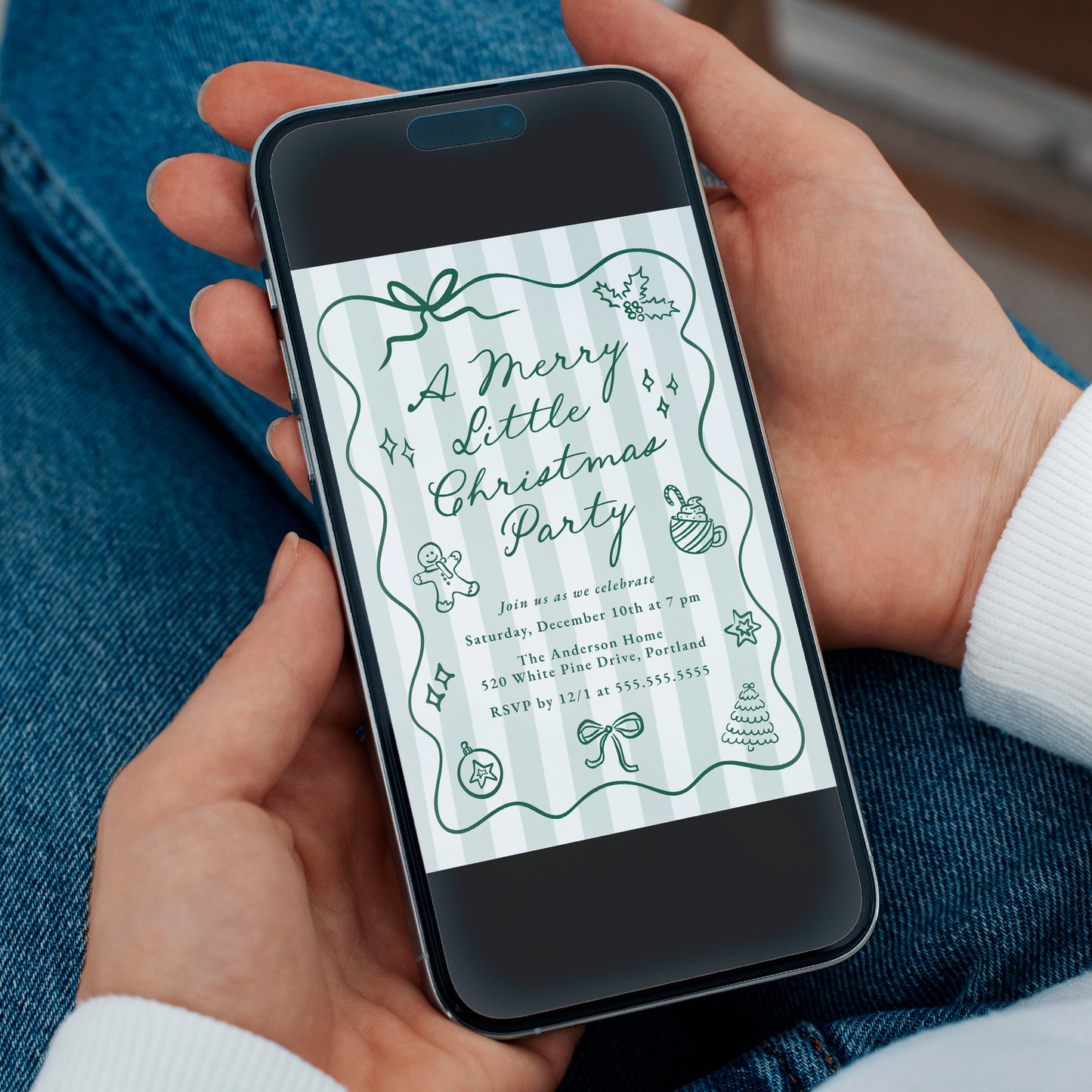 Hand-Drawn Green Merry Little Christmas Party Invitation | Corjl Template