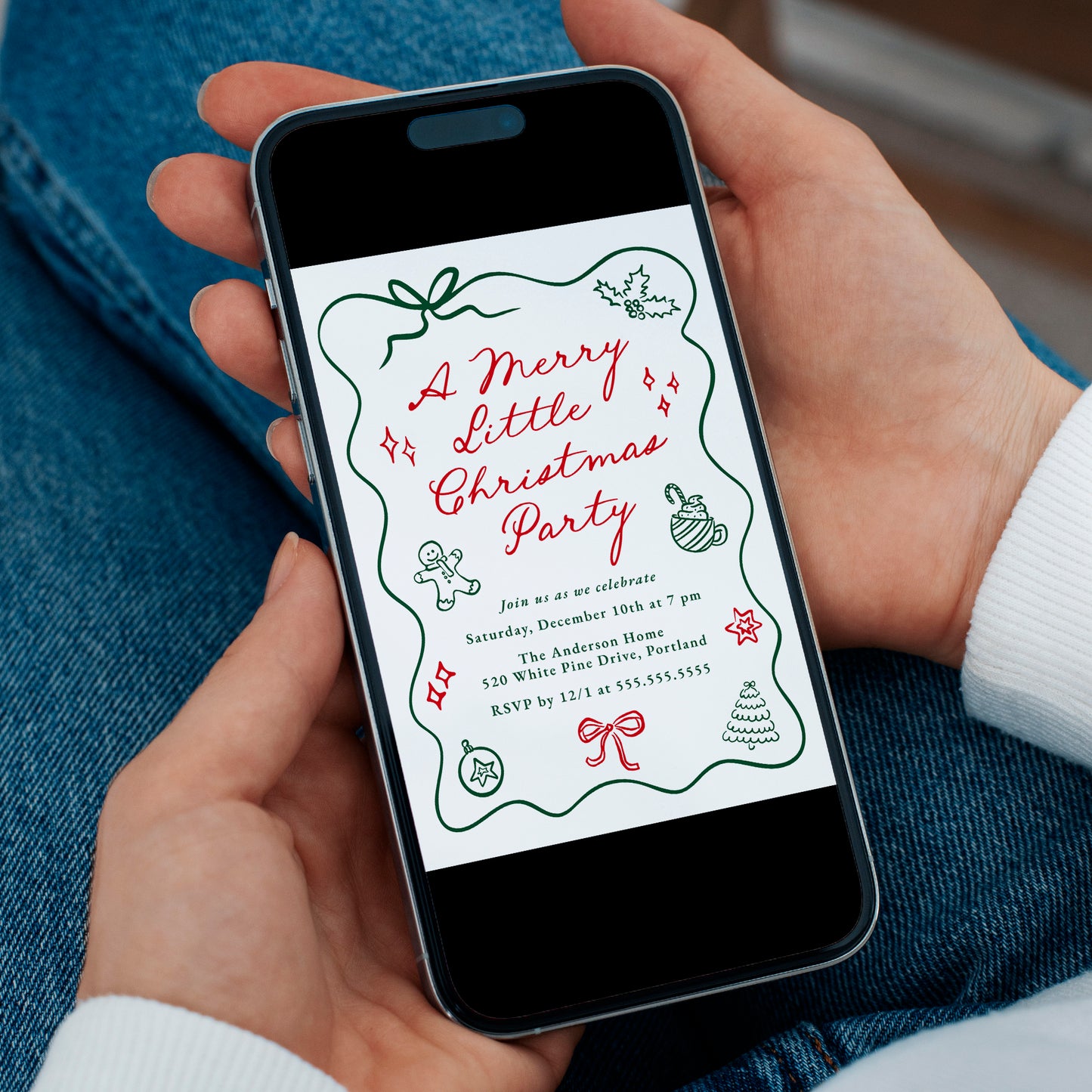 Hand-Drawn Red and Green Merry Little Christmas Invitation | Corjl Template