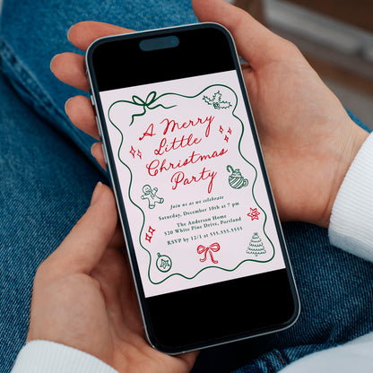 Hand-Drawn Red and Green Merry Little Christmas Invitation in Pink | Corjl Template