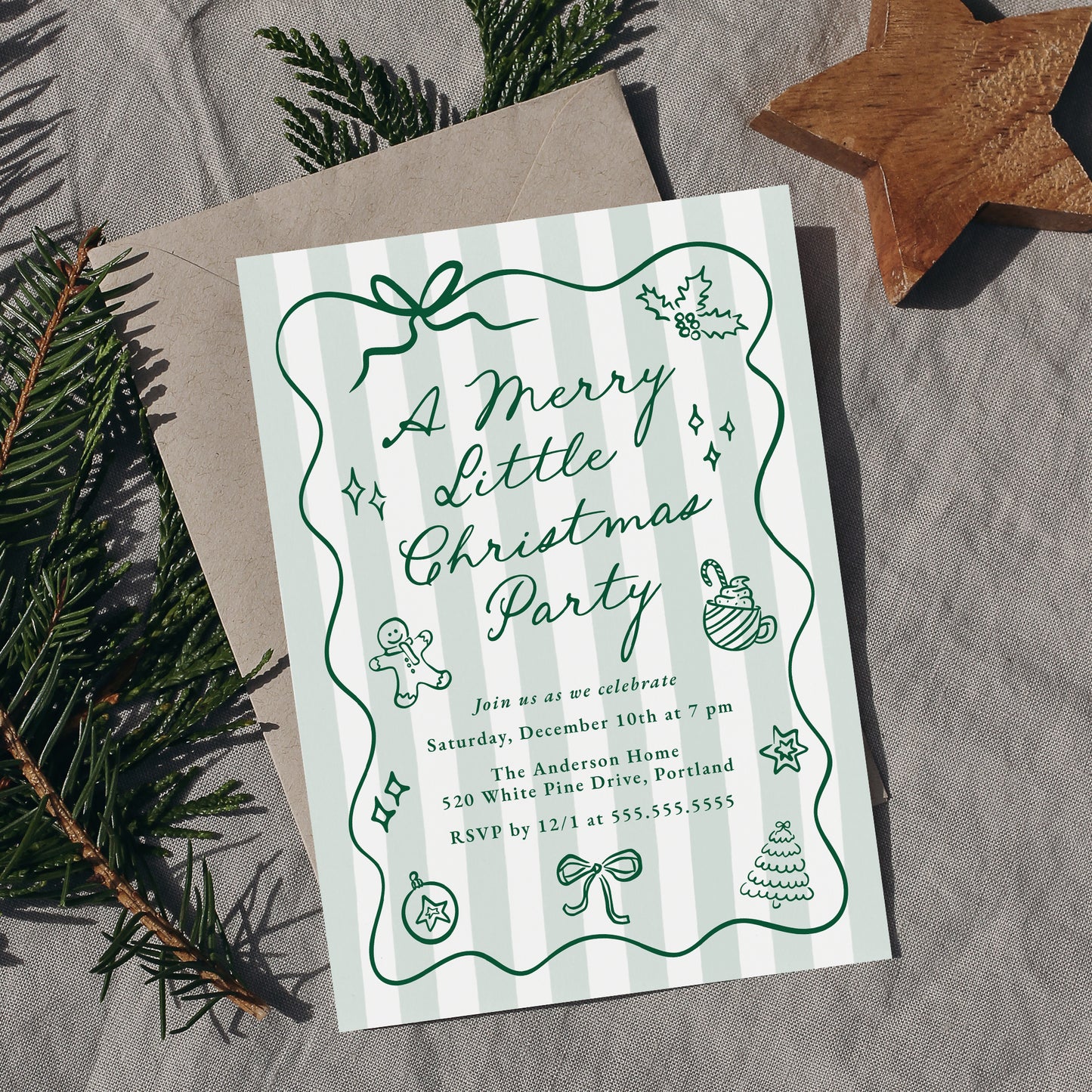 Hand-Drawn Green Merry Little Christmas Party Invitation | Corjl Template