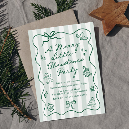 Hand-Drawn Green Merry Little Christmas Party Invitation | Corjl Template