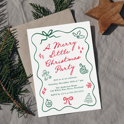 Hand-Drawn Red and Green Merry Little Christmas Invitation | Corjl Template