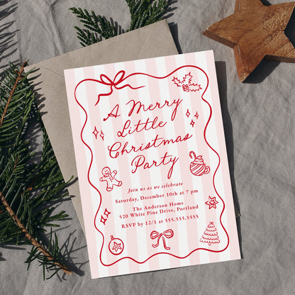 Hand-Drawn Pink and Red Merry Little Christmas Party Invitation | Corjl Template