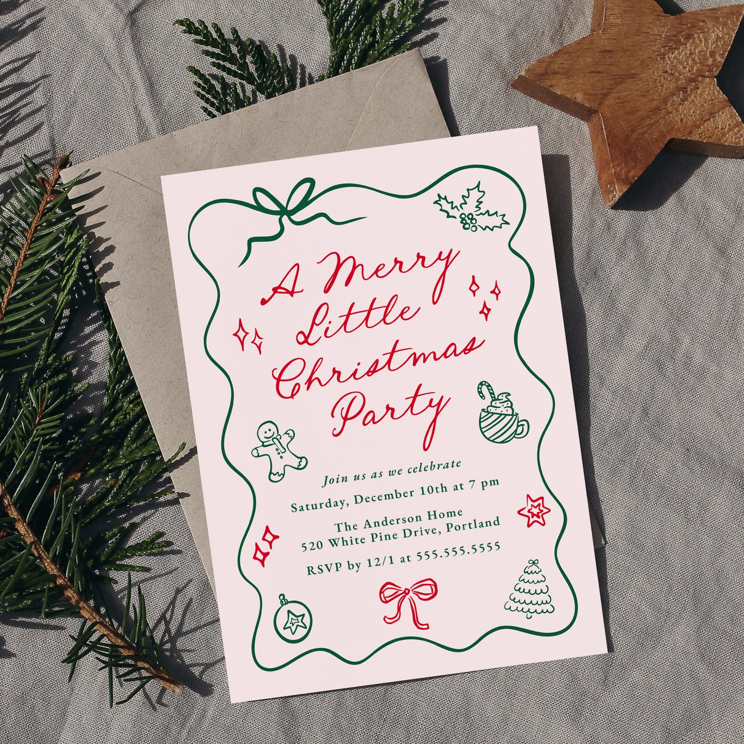 Hand-Drawn Red and Green Merry Little Christmas Invitation in Pink | Corjl Template