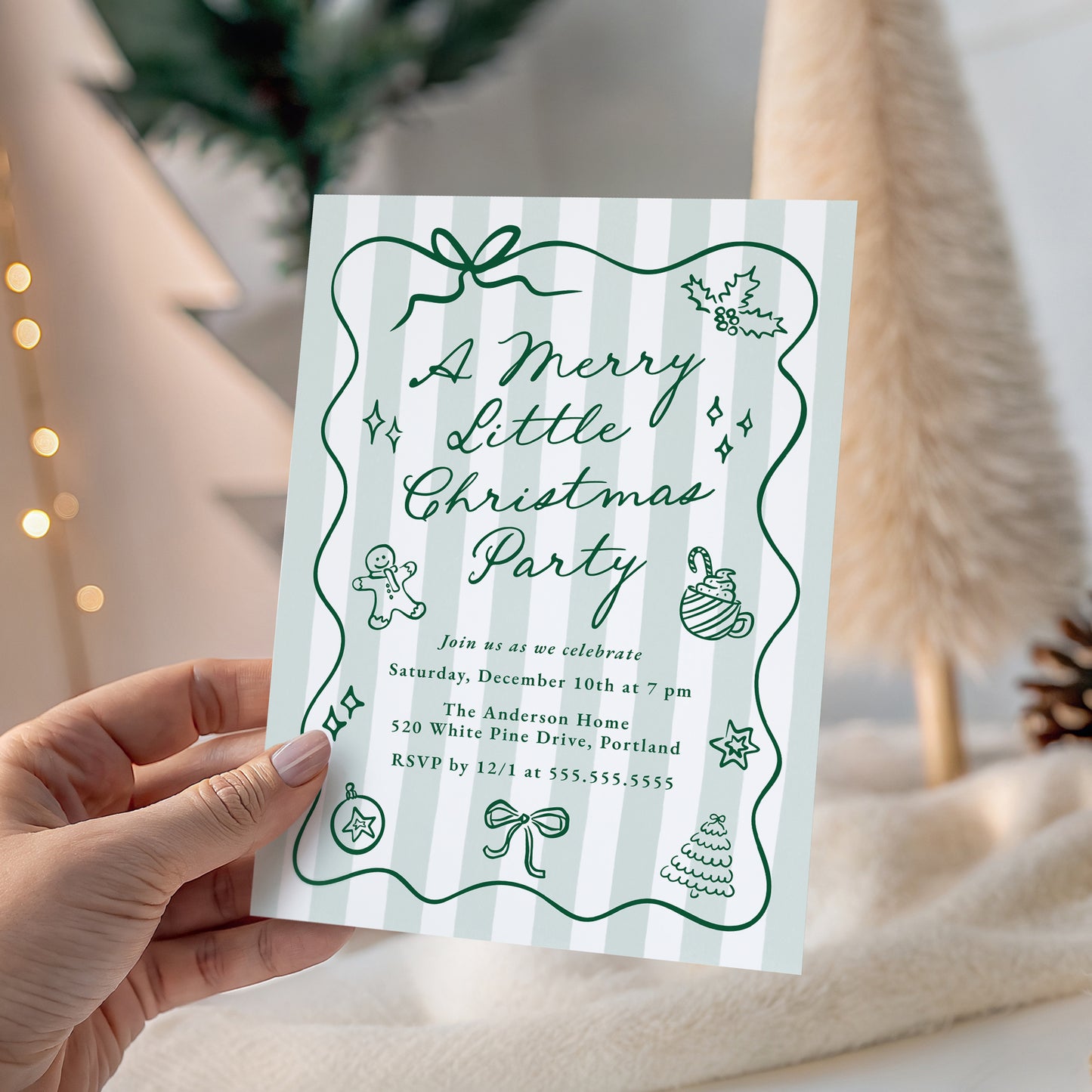Hand-Drawn Green Merry Little Christmas Party Invitation | Corjl Template