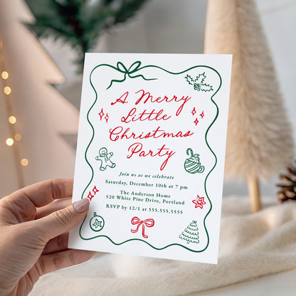 Hand-Drawn Red and Green Merry Little Christmas Invitation | Corjl Template