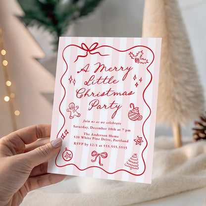 Hand-Drawn Pink and Red Merry Little Christmas Party Invitation | Corjl Template