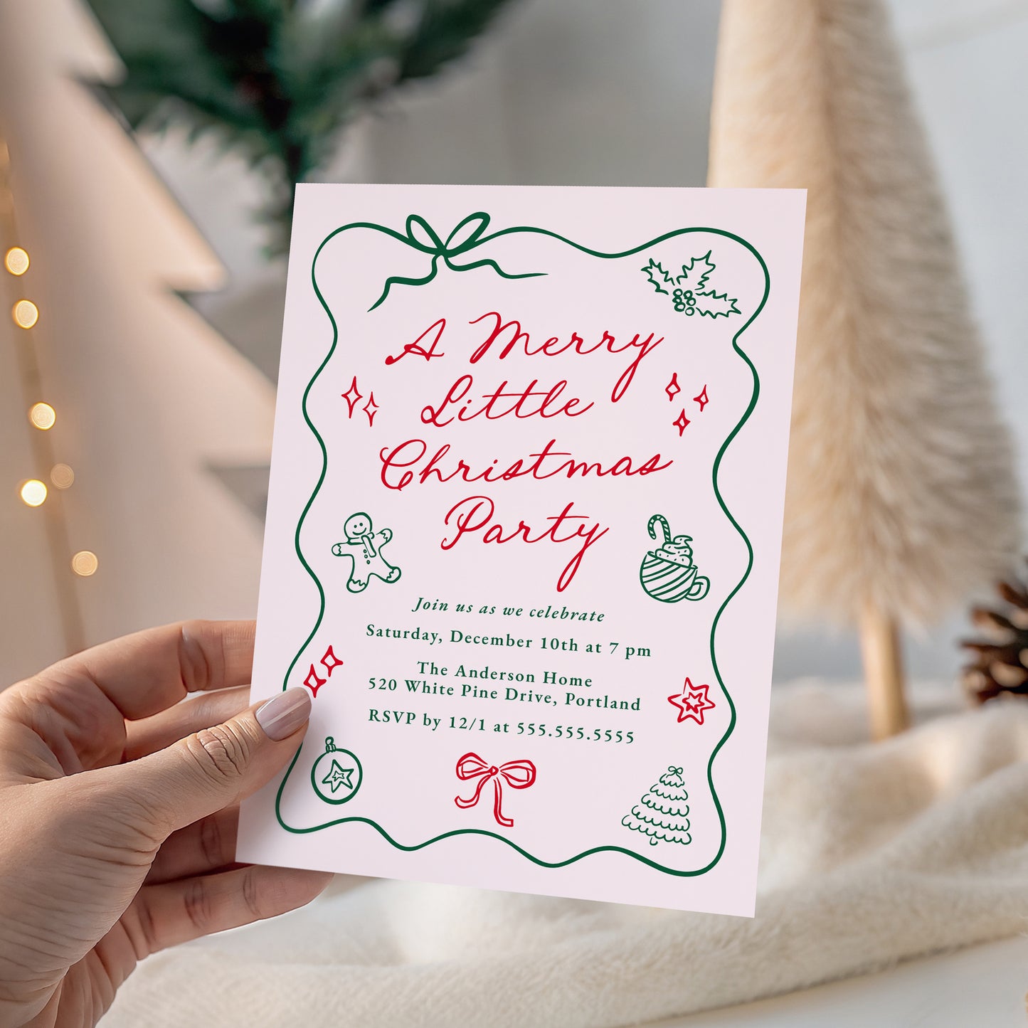 Hand-Drawn Red and Green Merry Little Christmas Invitation in Pink | Corjl Template