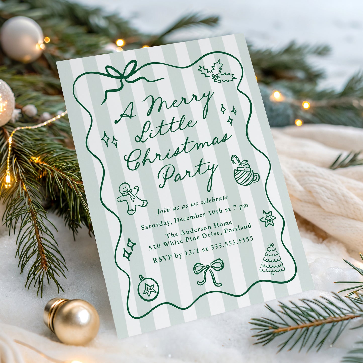 Hand-Drawn Green Merry Little Christmas Party Invitation | Corjl Template