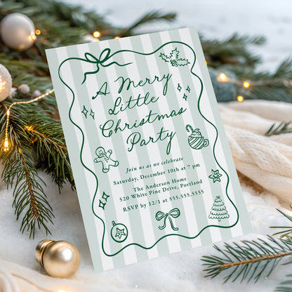 Hand-Drawn Green Merry Little Christmas Party Invitation | Corjl Template